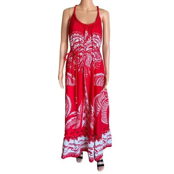 Farm Rio NWT Majestic Coconut Tree Maxi Dress Large Red Linen Blend Tropical - Picture 4 of 11